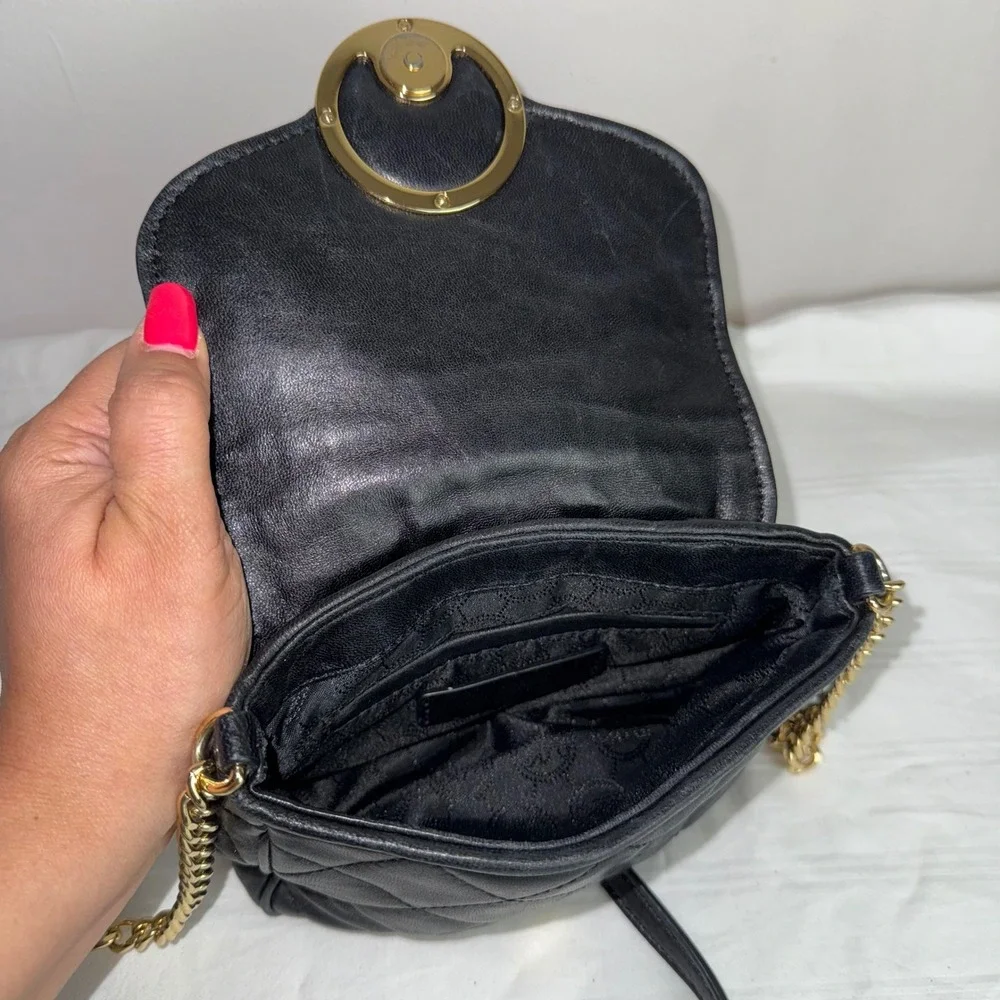 Michael Kors Black Quilted‎ Leather Crossbody Bag Gold Chain MK Logo
